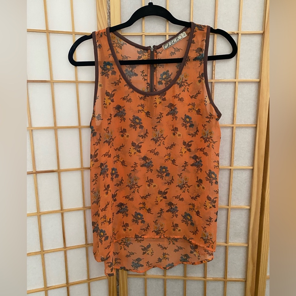 Chloe K Orange Floral Sheer Sleeveless Flowy Tank with Brown Trim